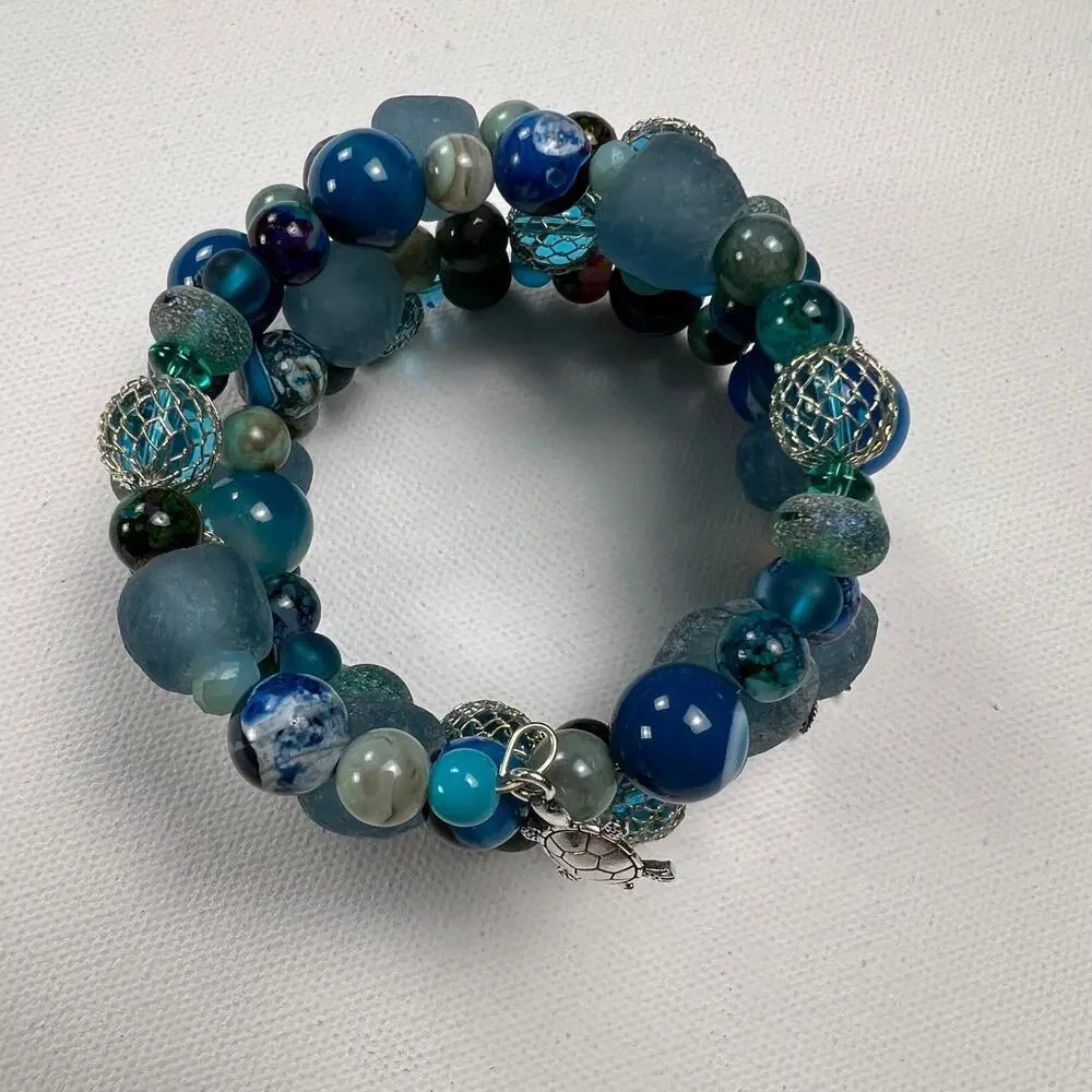 Hand Beaded Coil Statement Bracelet Beachy Turquoise Beads and Mixed Metals